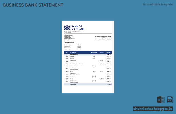 Beispiel eines Kontoauszugs eines Geschäftsgirokontos der Bank of Scotland (Vereinigtes Königreich) als Word- und PDF-Datei